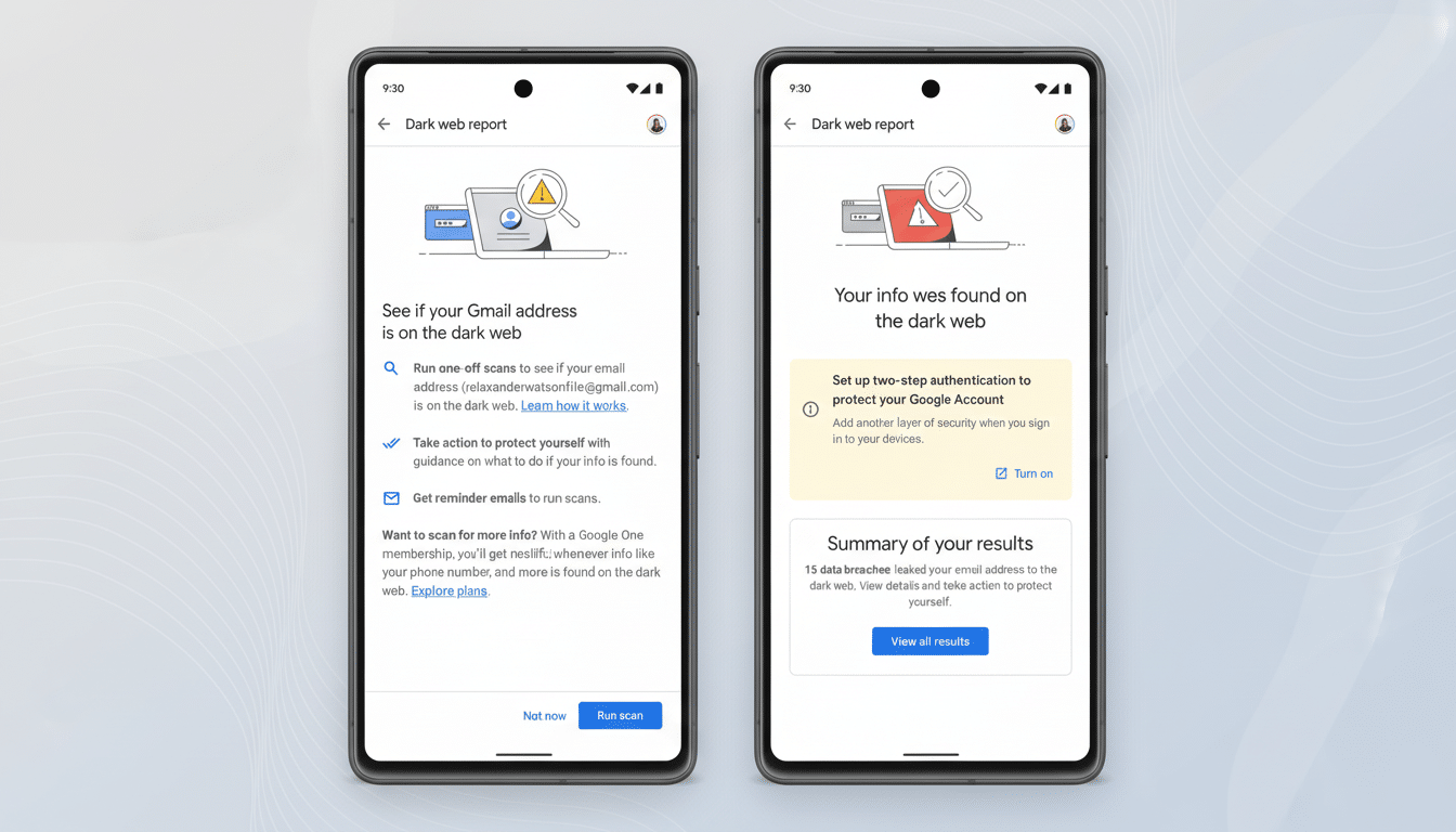A 16:9 aspect ratio image showing two mobile phone screens displaying a Dark web report interface. The left screen shows options to scan for Gmail address on the dark web, while the right screen indicates that user info was found and suggests setting up two-step authentication.
