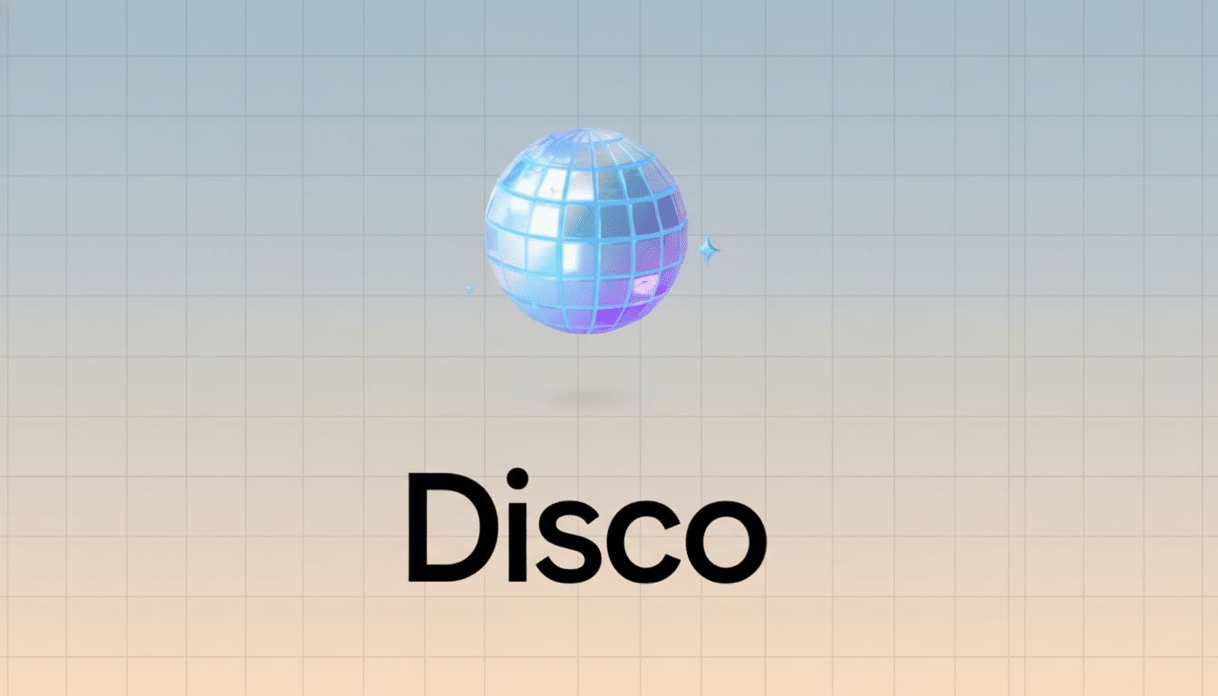 A 16:9 aspect ratio image featuring a stylized disco ball icon with a subtle glow and the word Disco in black text below it, set against a professional flat design background with a soft blue and orange gradient and a subtle grid pattern.