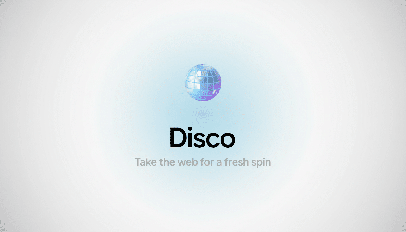 The word Disco in bold black letters with the tagline Take the web for a fresh spin below it, centered on a white background with a subtle blue gradient behind a shimmering disco ball icon. The image is in a 16:9 aspect ratio.