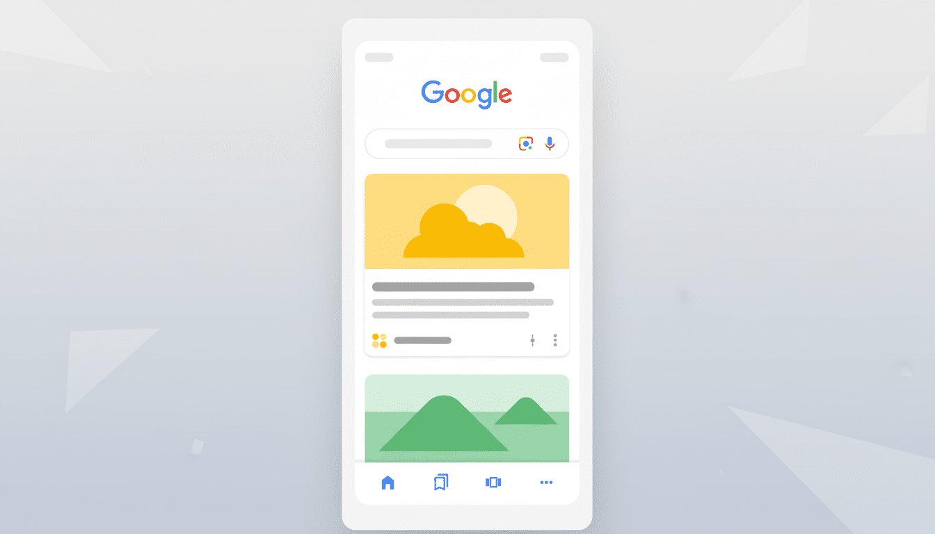 A Google search interface displayed on a smartphone, featuring a search bar, weather card, and image card, set against a professional flat design background with soft patterns.