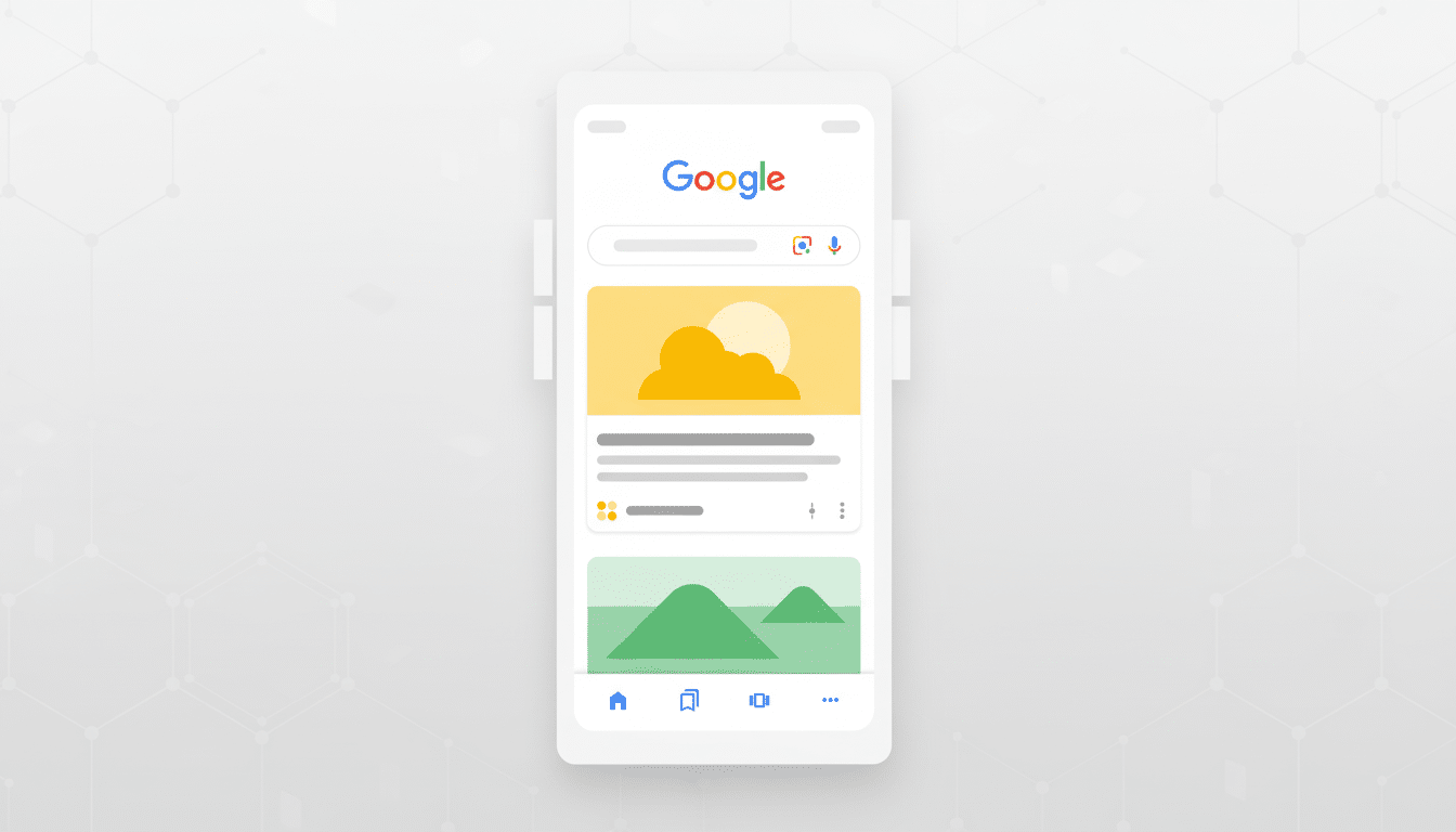 A Google search interface displayed on a smartphone, featuring a search bar, weather card, and image card, set against a professional flat design background with soft patterns.
