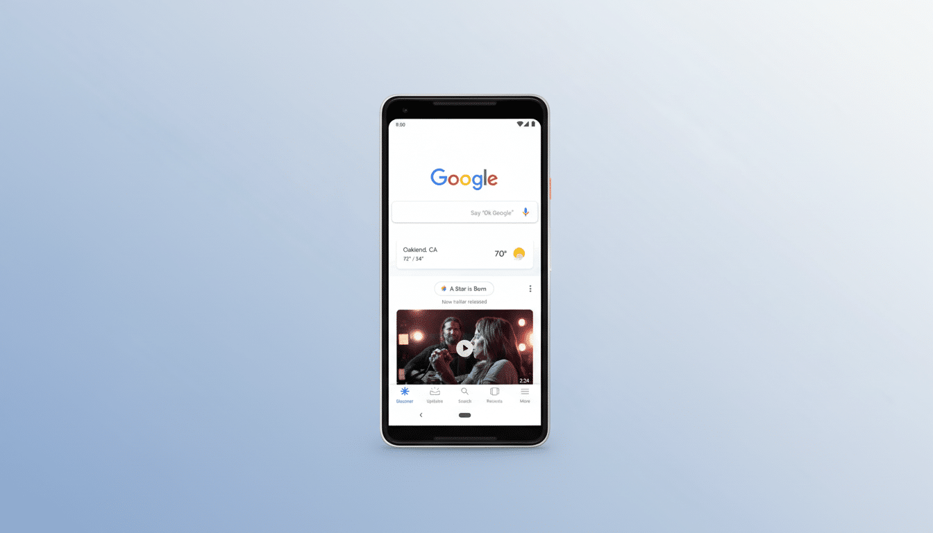 A Google Pixel phone displaying the Google search app with a weather widget and a movie trailer for A Star is Born, set against a professional blue gradient background.