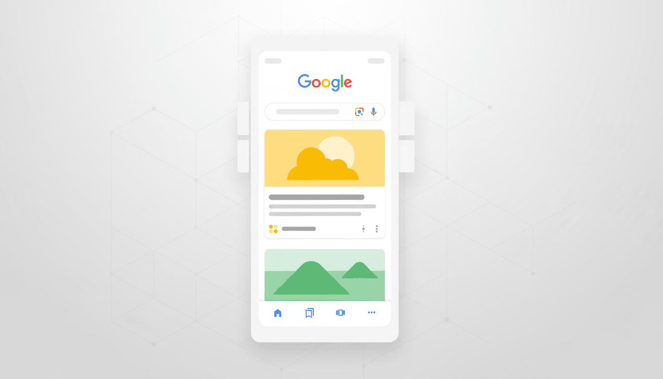 A Google search interface displayed on a smartphone, set against a professional flat design background with soft patterns.