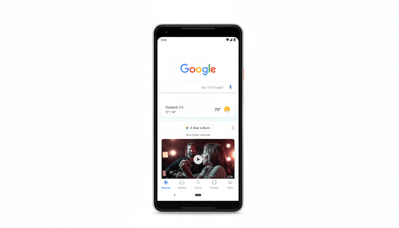 A Google Pixel phone displaying the Google search app with a movie trailer playing.