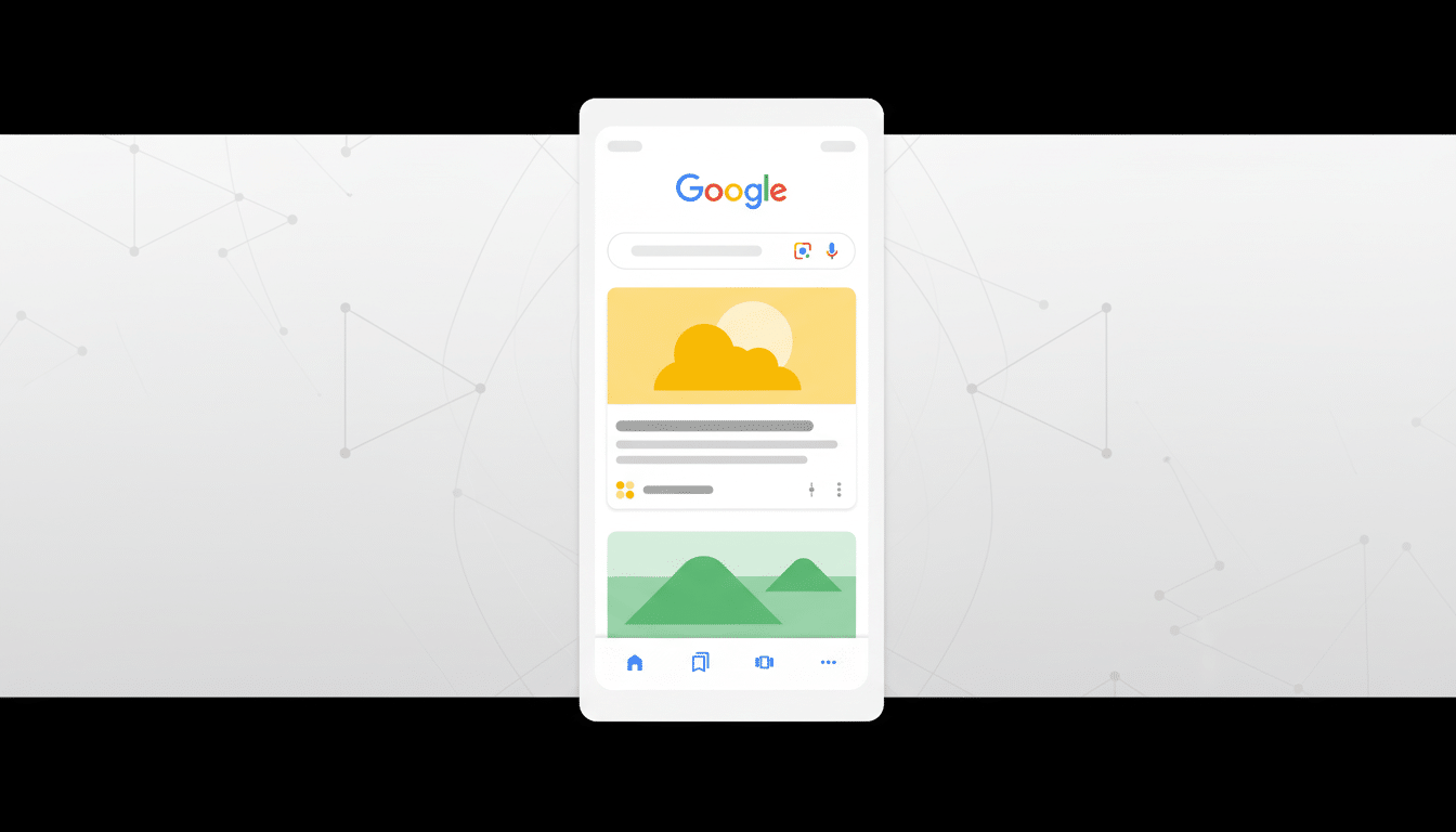 A Google search interface displayed on a smartphone, set against a professional flat design background with soft patterns.