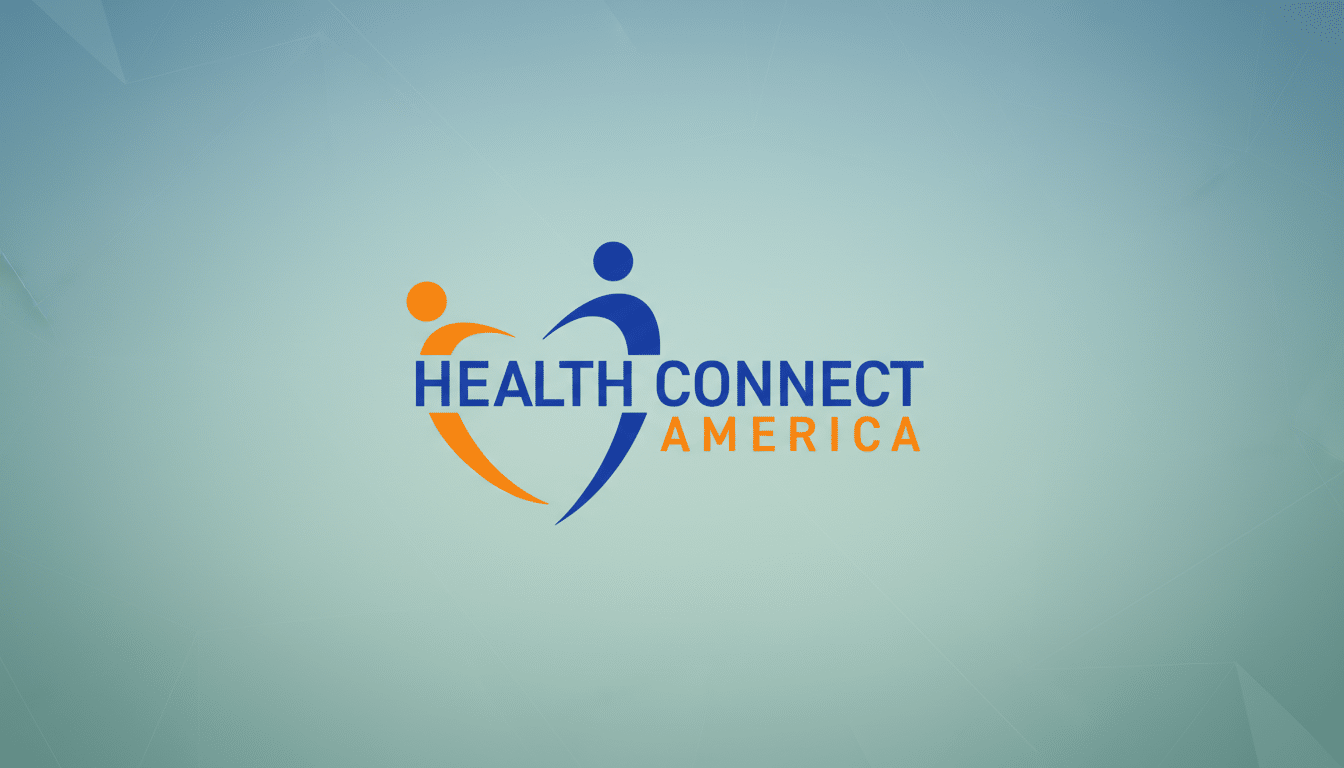 The Health Connect America logo, featuring two stylized figures forming a heart shape, with HEALTH CONNECT in blue and AMERICA in orange, set against a professional light blue background with subtle geometric patterns.