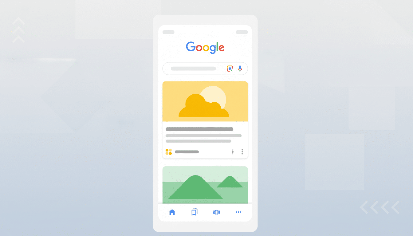 A Google search interface displayed on a smartphone, featuring a search bar, weather card, and image card, set against a professional flat design background with soft patterns.