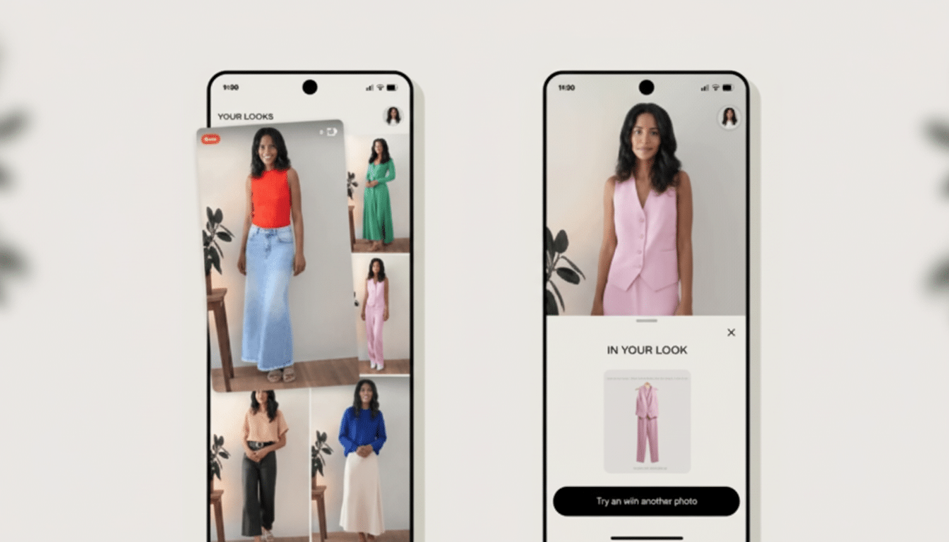 A 16:9 aspect ratio image showing two mobile phone screens side-by-side. The left screen displays a Your Looks interface with multiple photos of a woman in different outfits. The right screen shows a woman in a pink vest and a pop-up displaying a pink pantsuit with the text IN YOUR LOOK.