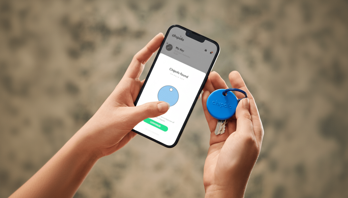 A person holding a smartphone displaying the Chipolo app, which shows Chipolo found and a blue Chipolo tracker. In the other hand, the person holds a blue Chipolo tracker attached to keys. The image is resized to a 16:9 aspect ratio with the original background maintained.