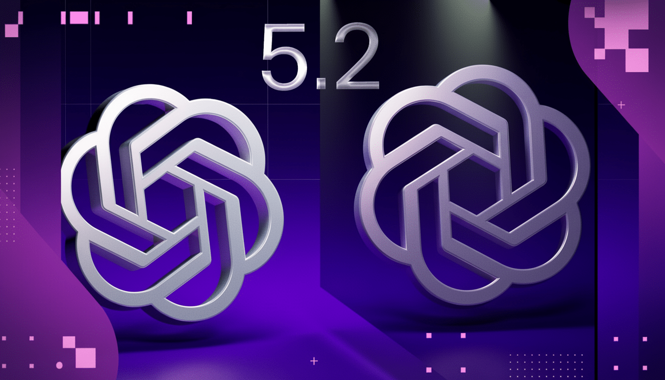 A 16:9 aspect ratio image featuring two silver, intertwined knot-like logos on a purple background with the number 5.2 in the upper center. The background has subtle geometric patterns and gradients.