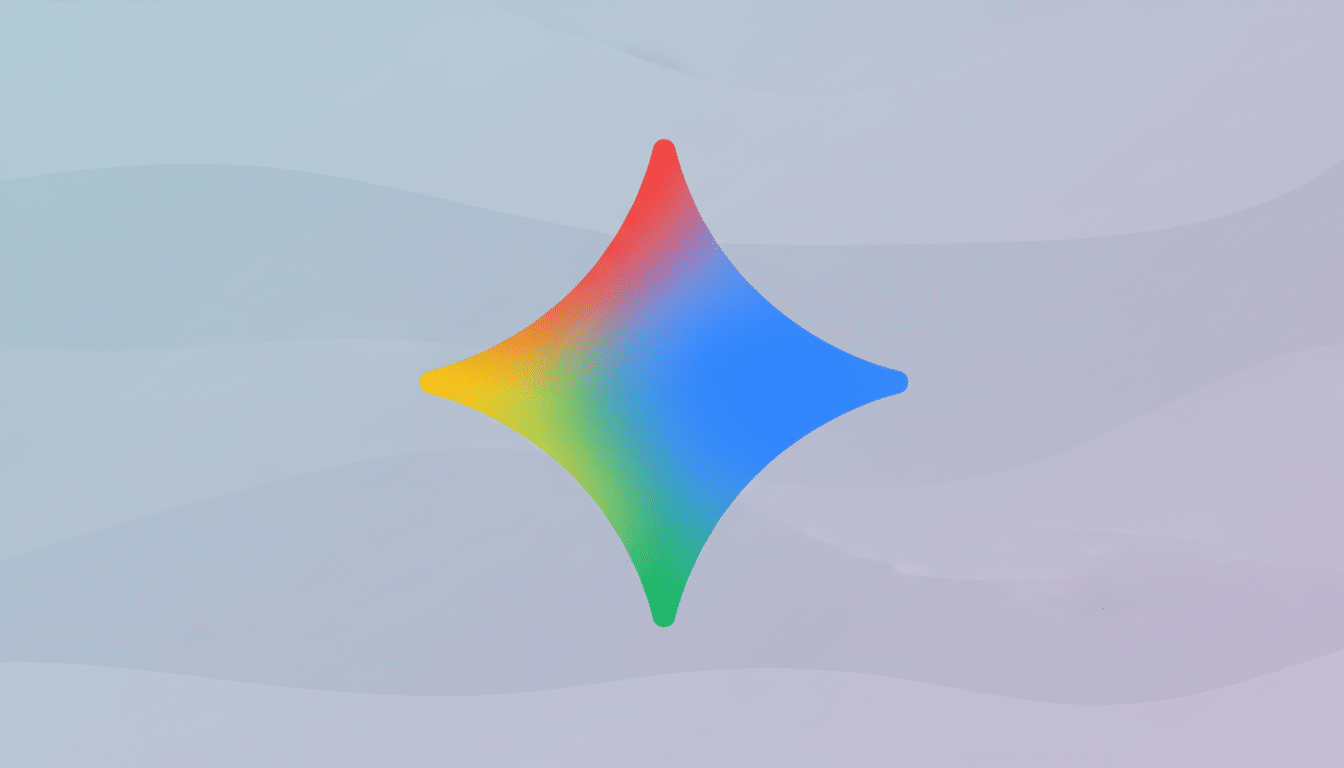 A colorful, four-pointed star icon with a gradient of red, yellow, green, and blue, centered on a professional flat design background with soft, wavy patterns in shades of grey and light purple.