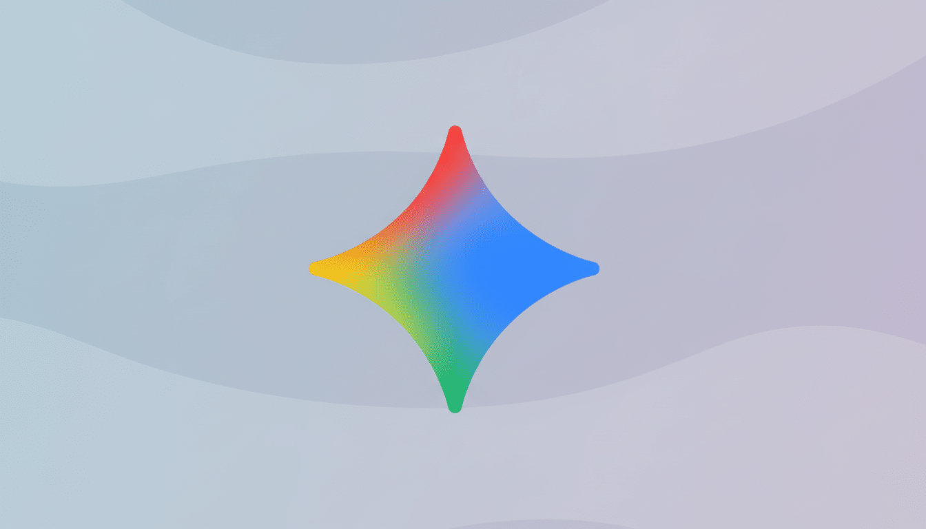 A colorful, four-pointed star icon with a gradient of red, yellow, green, and blue, set against a professional light gray background with subtle, wavy patterns.