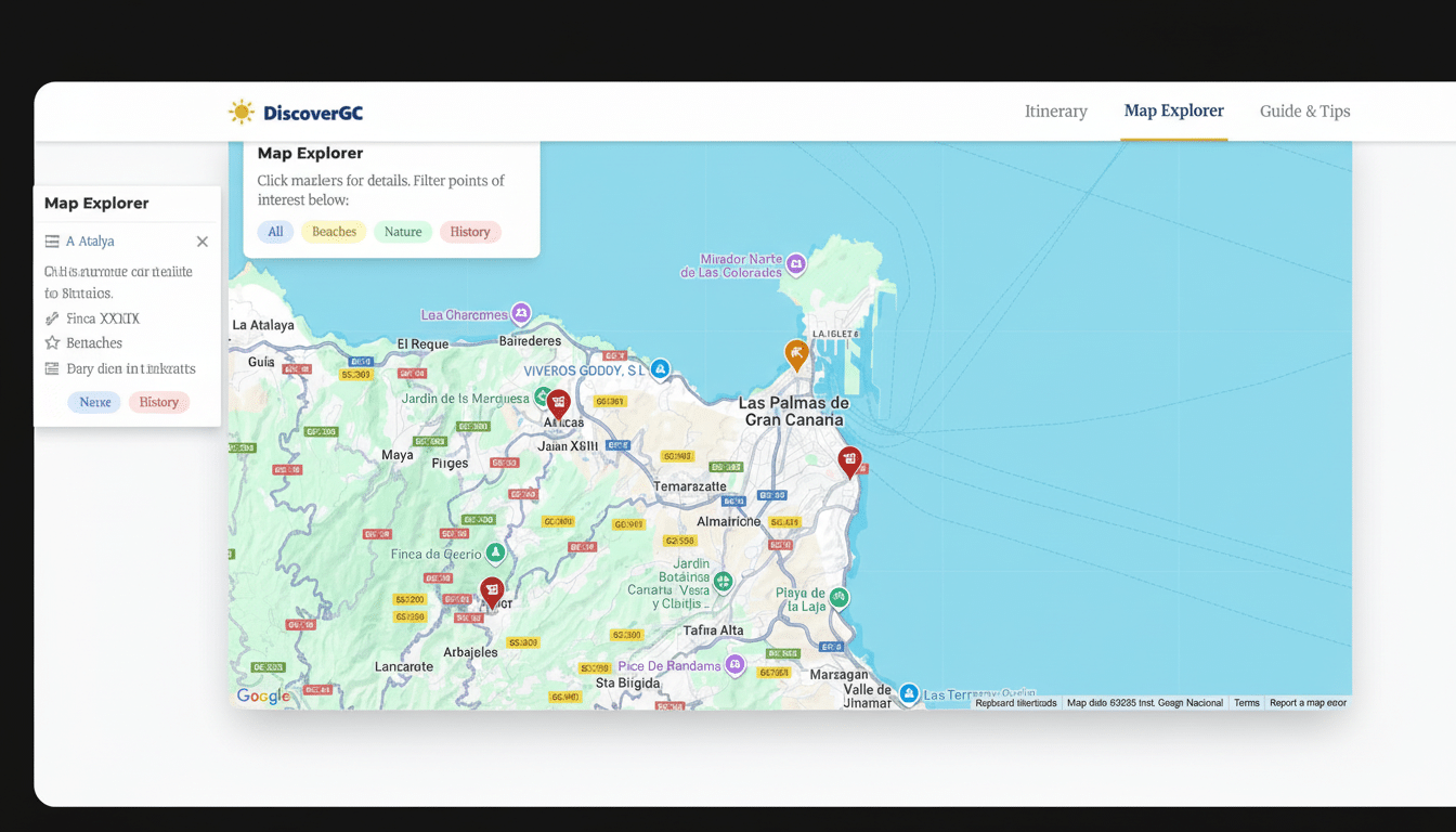 A screenshot of the DiscoverGC Map Explorer interface, showing a map of Gran Canaria with various points of interest marked. The map is centered on the island, displaying towns like Las Palmas de Gran Canaria, Telde, and Maspalomas, along with roads and natural features. On the left, a sidebar titled Map Explorer has options to filter points of interest by All, Beaches, Nature, and History. The History filter is currently selected. The overall interface is clean and professional, with a white background and a dark gray border around the main content area.