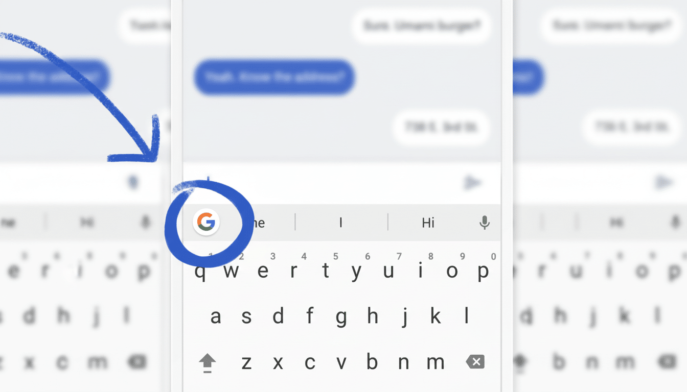 A screenshot of a mobile messaging app with a blue arrow pointing to the Google G icon on the keyboard.