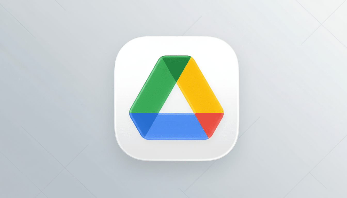 The Google Drive logo, a colorful triangle, centered on a white rounded square icon, set against a professional light gray background with subtle geometric patterns.