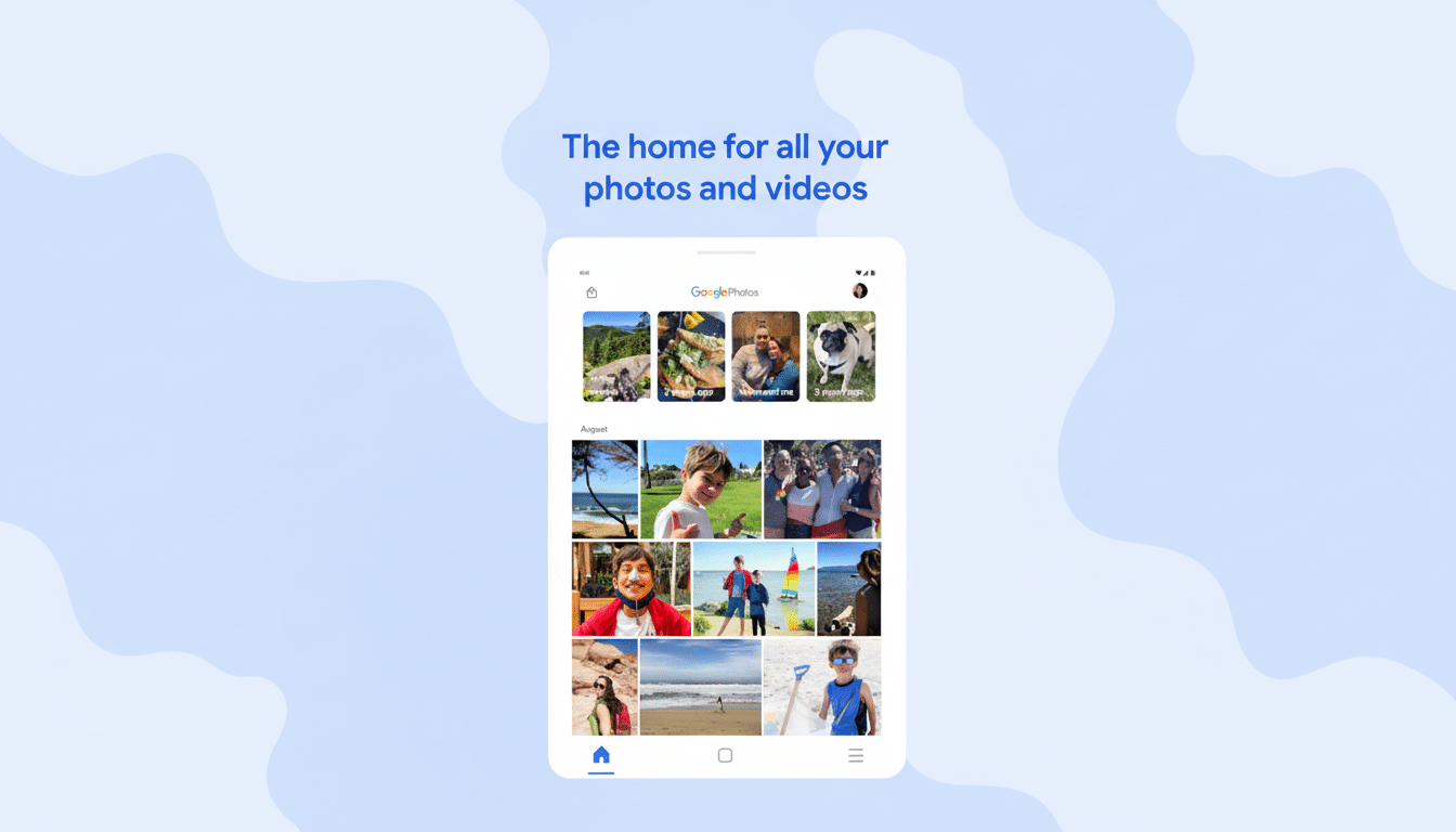 A screenshot of the Google Photos app interface, displaying a grid of various personal photos and videos, with the text The home for all your photos and videos at the top. The image has been resized to a 16:9 aspect ratio.