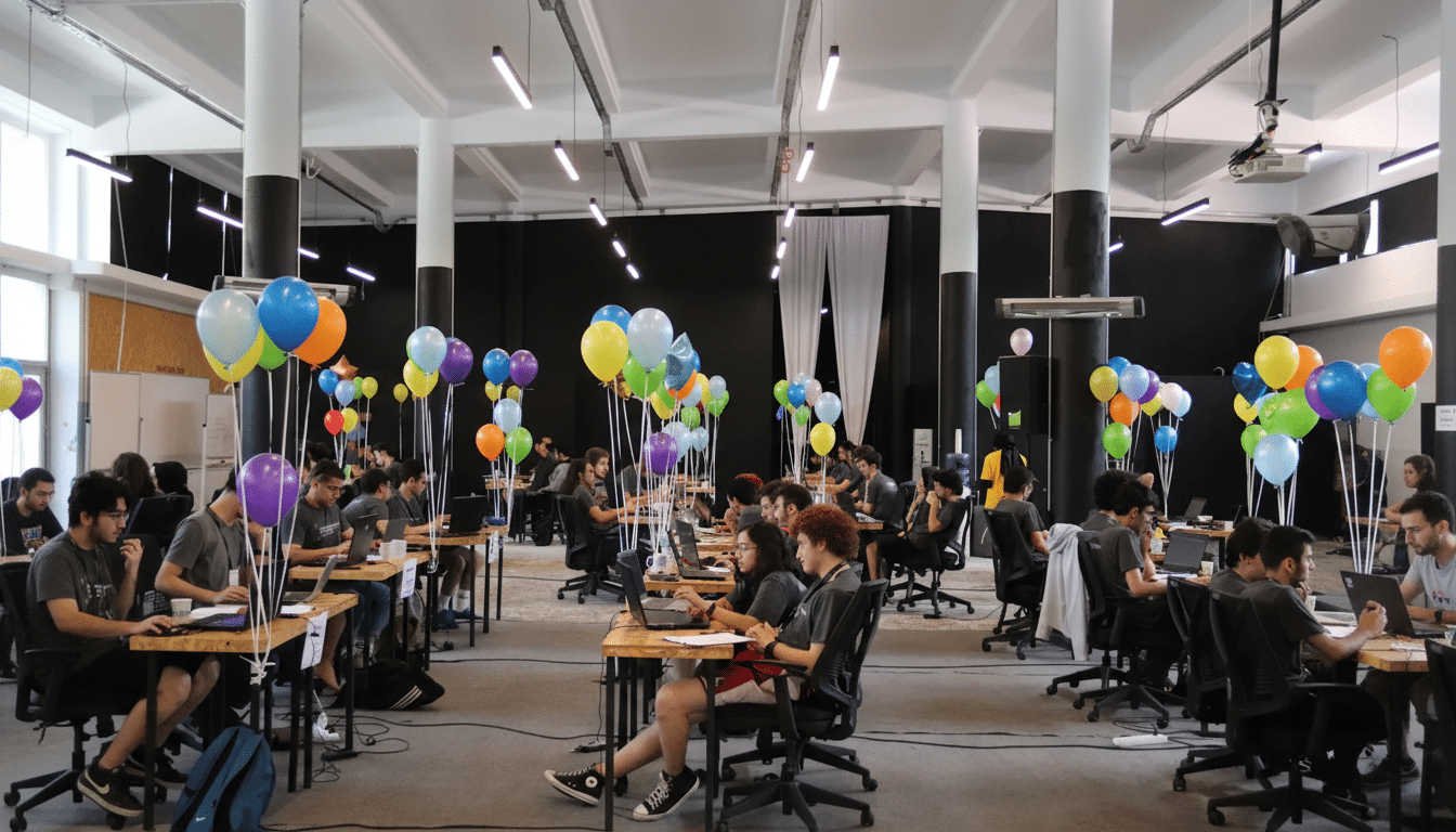 A wide shot of a large, open office space filled with people working at individual desks, each adorned with colorful balloons.