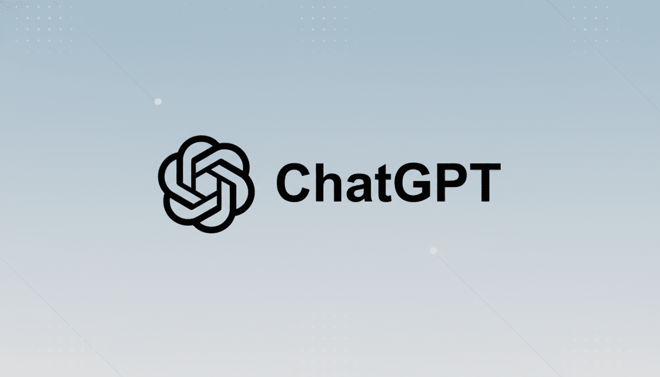 The ChatGPT logo, featuring a stylized black knot-like icon to the left of the word ChatGPT in black text, set against a professional light blue and grey gradient background with subtle white dot patterns.