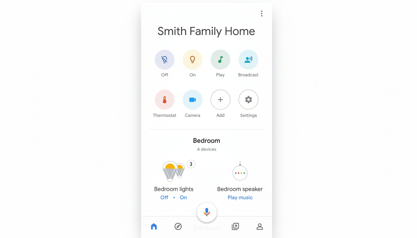 A screenshot of the Google Home app interface, showing controls for Smith Family Home and Bedroom devices.