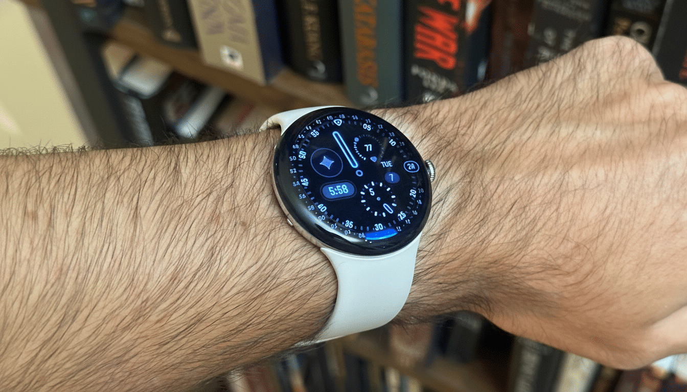 A close-up shot of a persons arm wearing a white Google Pixel Watch, displaying a blue and black watch face with various widgets. The background shows a blurred bookshelf.