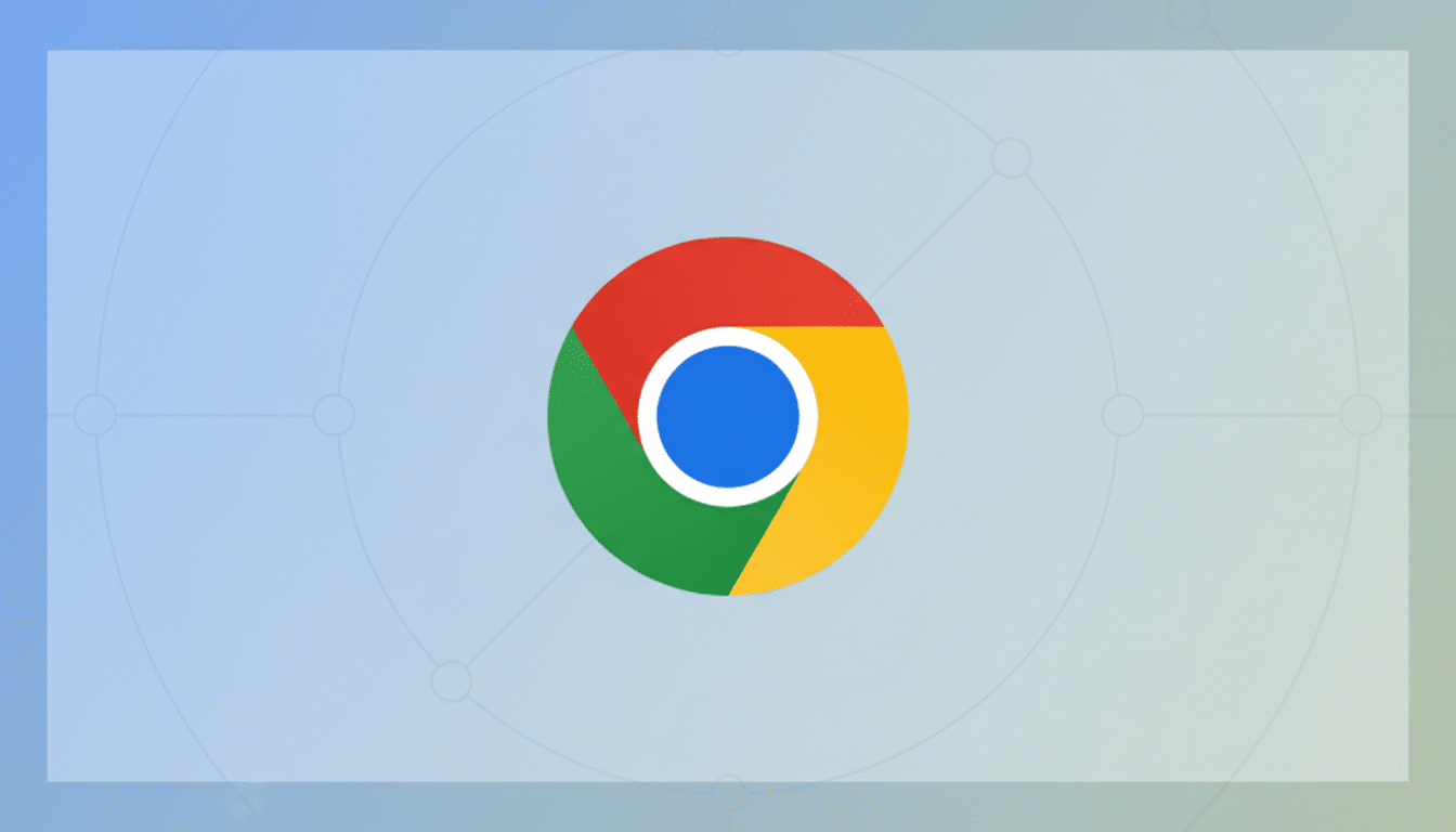 The Google Chrome logo, a red, yellow, and green circle with a blue center, on a professional light blue gradient background with subtle geometric patterns.