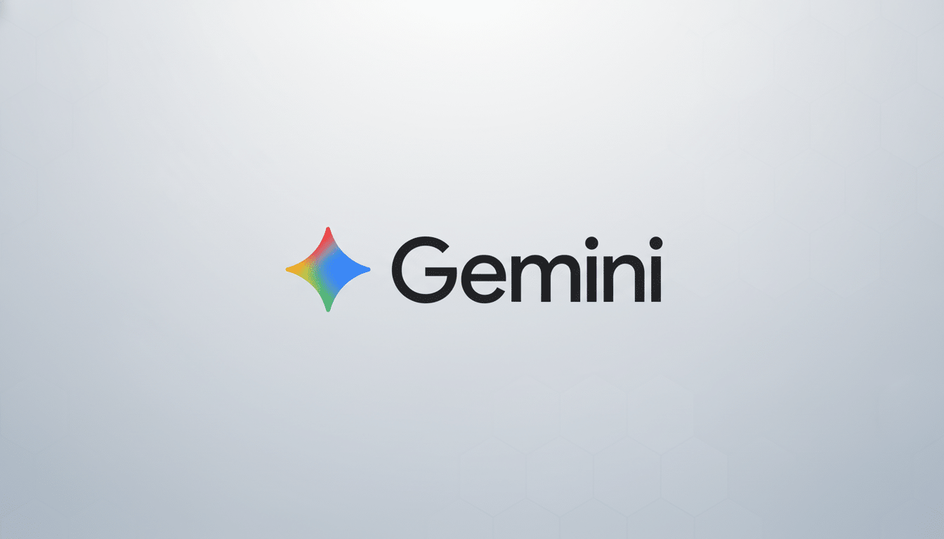 The Gemini logo, featuring a colorful, four-pointed star icon to the left of the word Gemini in black text, set against a professional light gray background with a subtle hexagonal pattern.