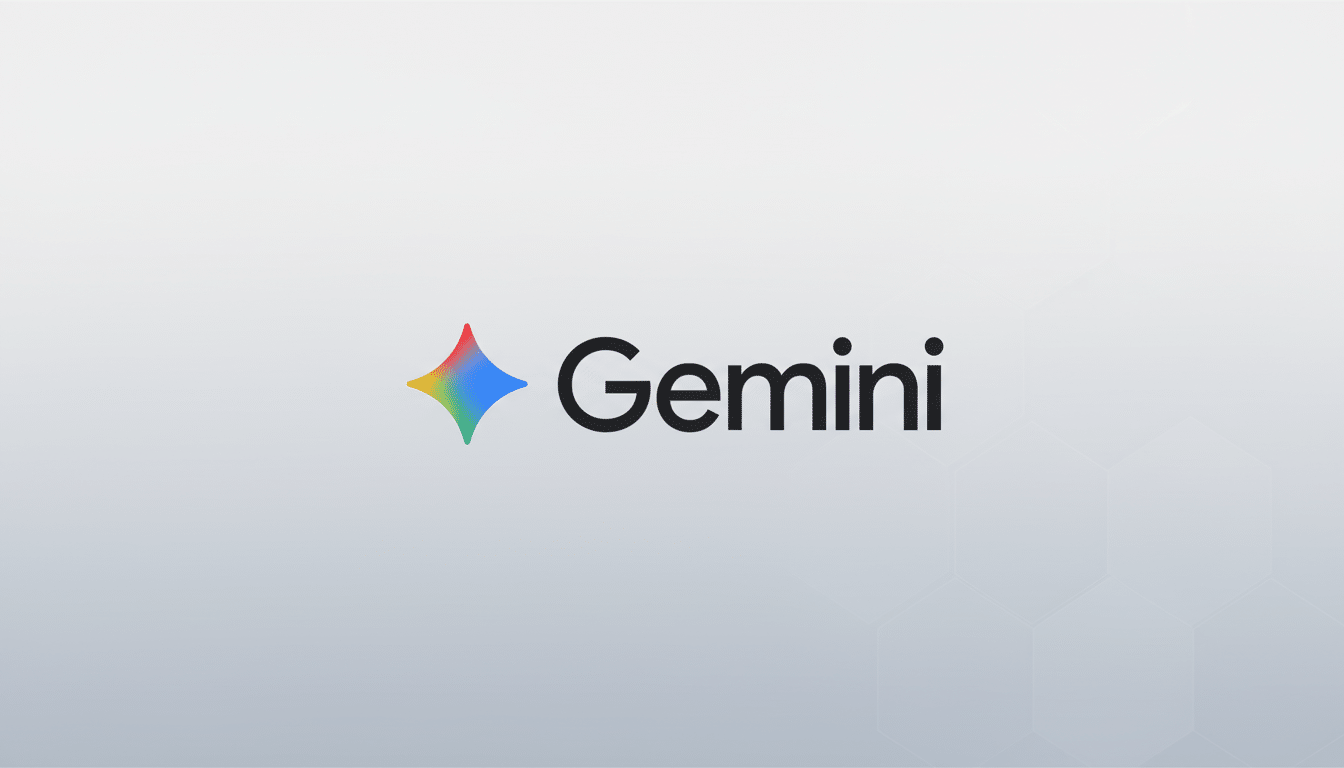 The Gemini logo, featuring a colorful, four-pointed star icon to the left of the word Gemini in black text, presented on a professional light gray background with subtle hexagonal patterns.