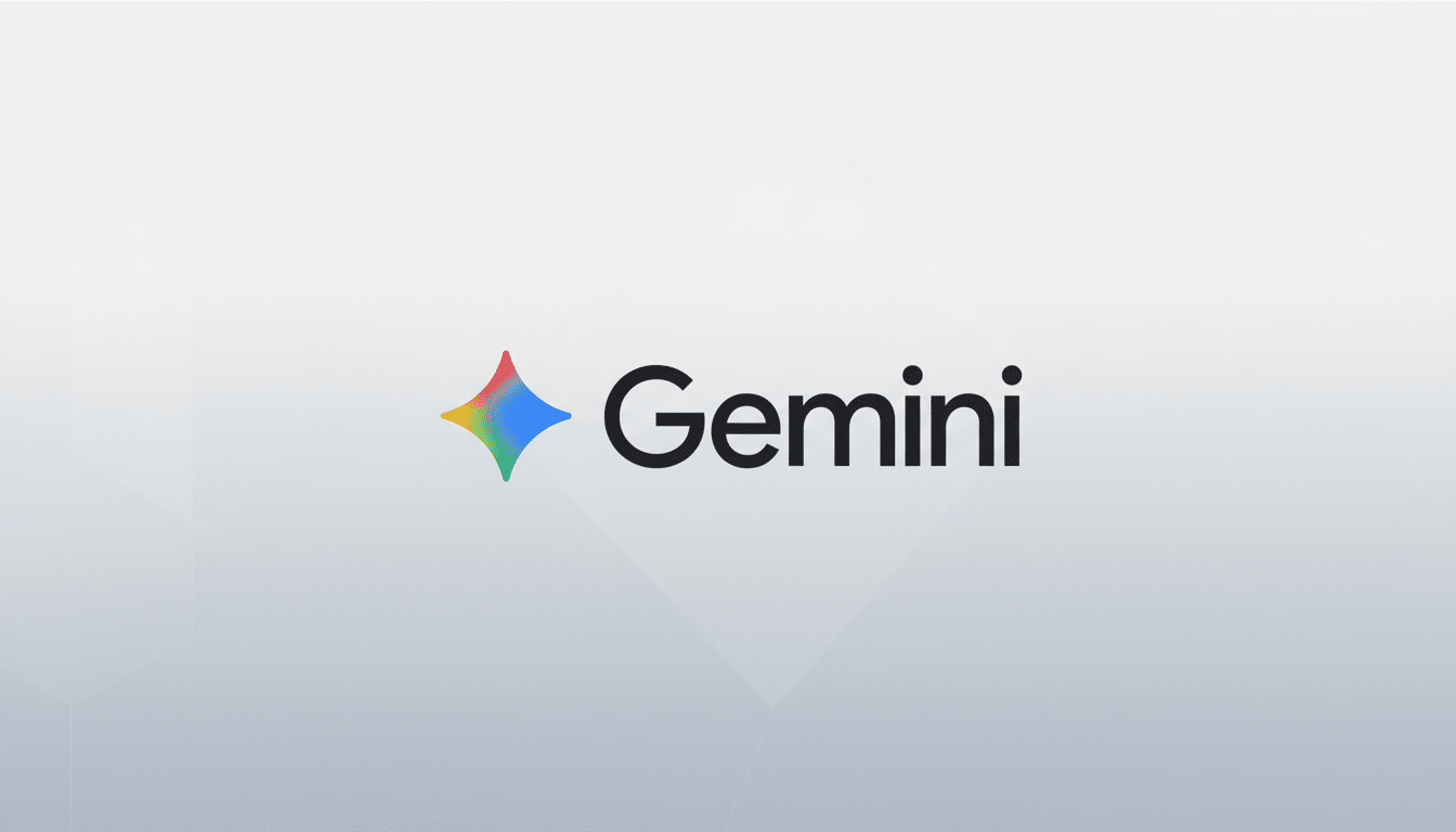 The Gemini logo, featuring a colorful, four-pointed star icon to the left of the word Gemini in black text, presented on a professional light gray background with subtle geometric patterns.