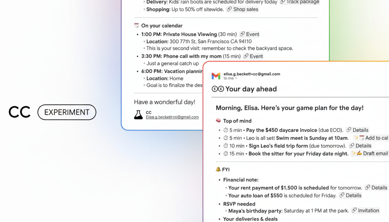 A screenshot of a digital calendar and email interface, showing daily schedules and reminders.
