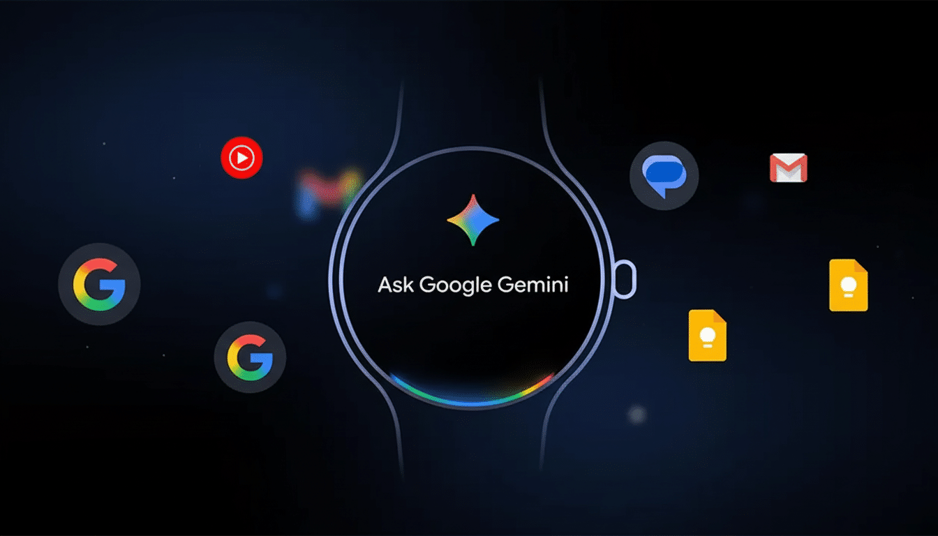 A Google smartwatch displaying Ask Google Gemini with various Google app icons surrounding it, set against a dark, subtly textured background.