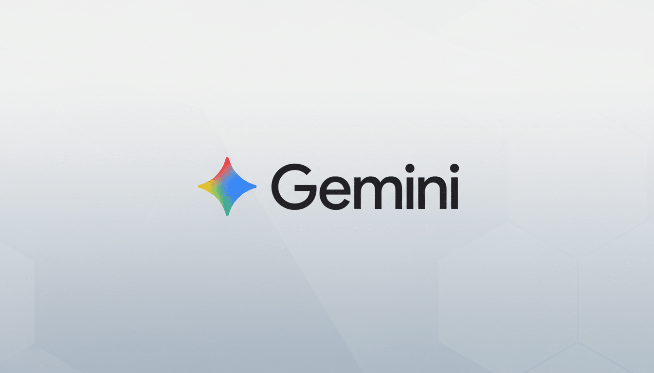 The Gemini logo, featuring a colorful, four-pointed star icon to the left of the word Gemini in black text, set against a professional light gray background with subtle geometric patterns.