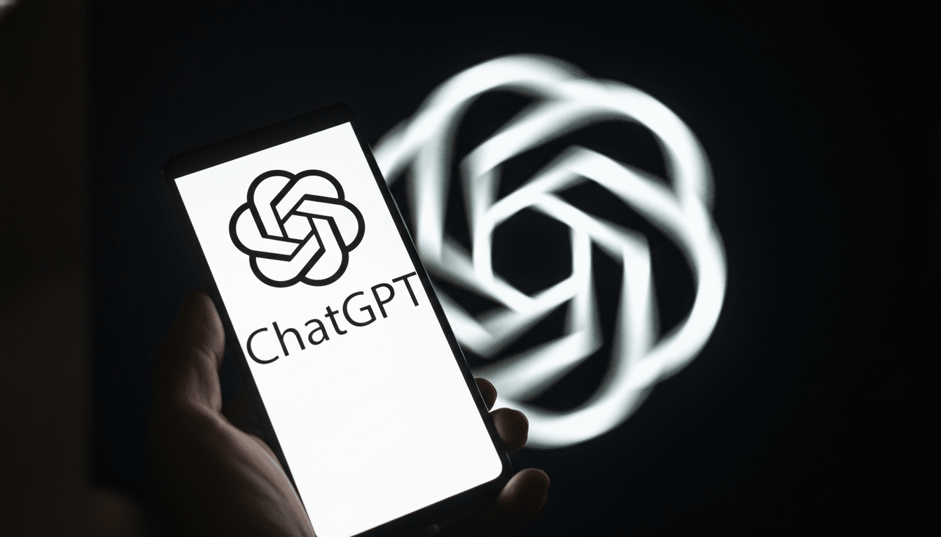 A smartphone displaying the ChatGPT logo and name, held against a blurred background featuring a larger, glowing OpenAI logo.