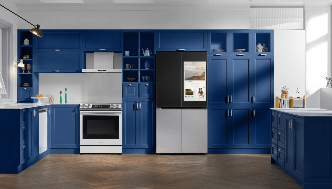 A modern kitchen with blue cabinets, a white oven, and a black smart refrigerator with a digital display.
