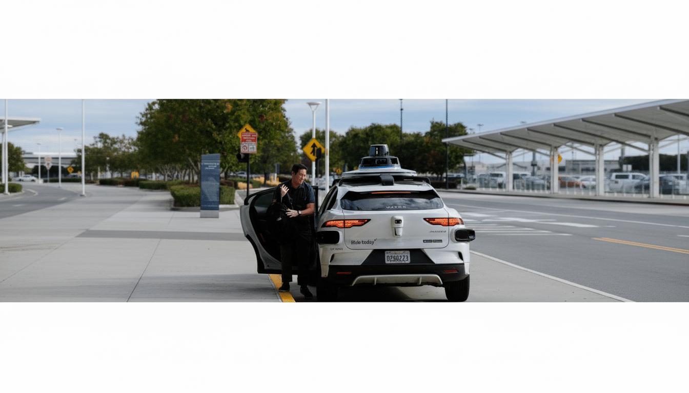 A man getting out of a white Waymo self-driving car, with the car parked on the side of a road with trees and an airport terminal in the background.