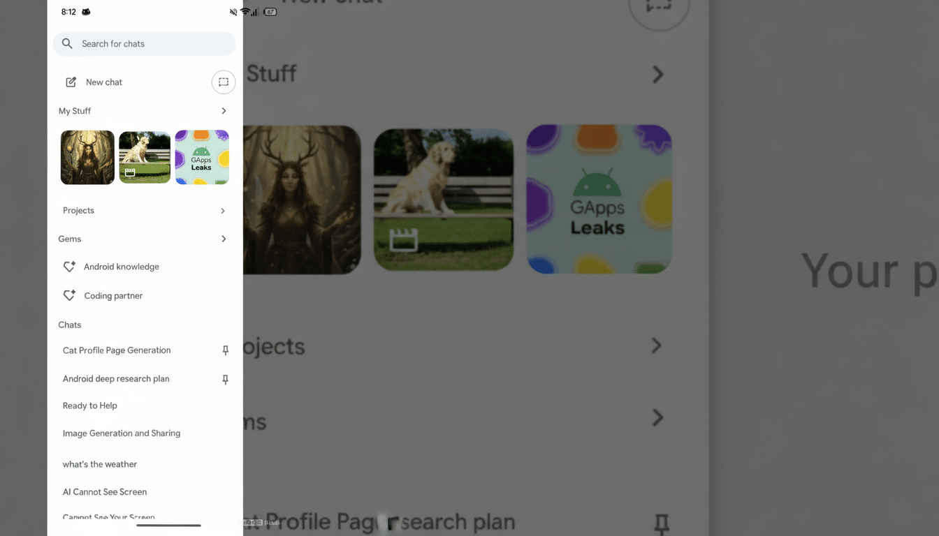 A screenshot of a mobile phone interface showing a chat application. The screen displays a search bar, New chat button, and sections like My Stuff, Projects, Gems, and Chats. Under My Stuff, there are three thumbnail images. The right side of the screen shows a partially visible gray background with the text Your p.