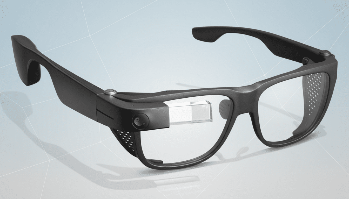A pair of black smart glasses with a transparent display on the right lens, presented on a professional light blue background with subtle geometric patterns.