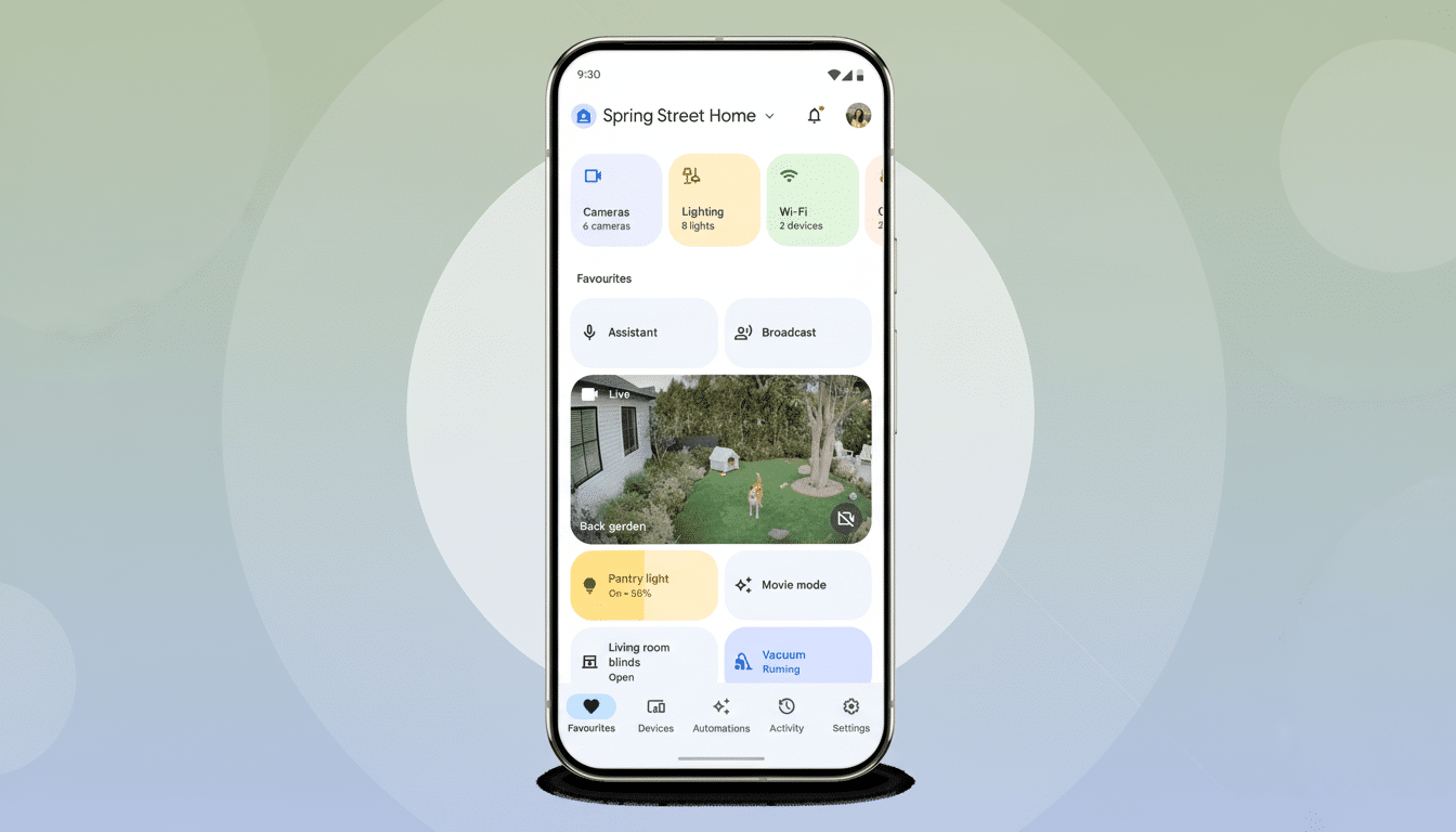 A smartphone displaying the Google Home app interface, showcasing various smart home controls and a live camera feed of a backyard with a dog. The phone is centered against a professional flat design background with soft green and white gradients and subtle circular patterns.