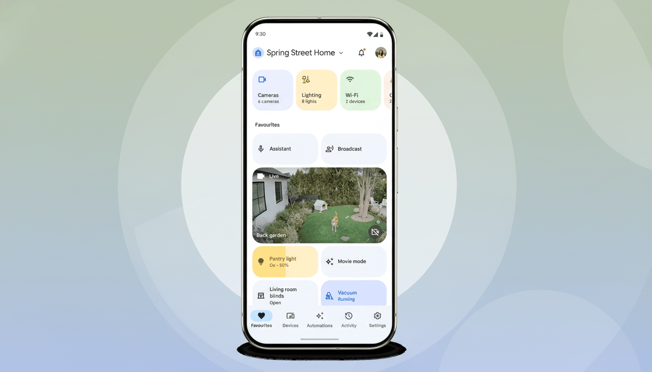 A smartphone displaying the Google Home app interface, showcasing various smart home controls and a live camera feed of a backyard with a dog. The phone is centered on a professional flat design background with soft green and grey gradients.