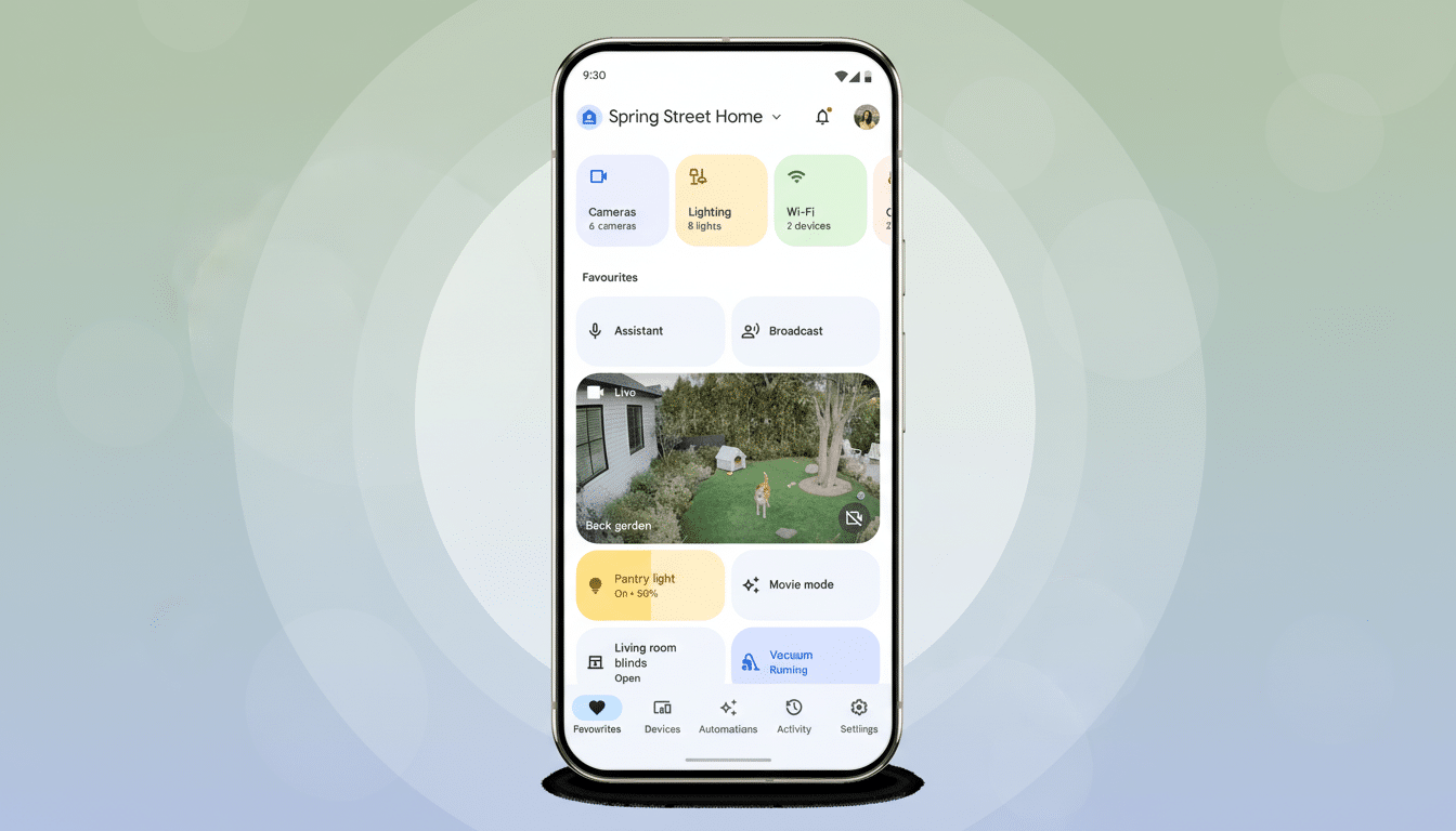 A smartphone displaying the Google Home app interface, showcasing various smart home controls and a live camera feed of a backyard, set against a professional flat design background with soft green and white gradients.