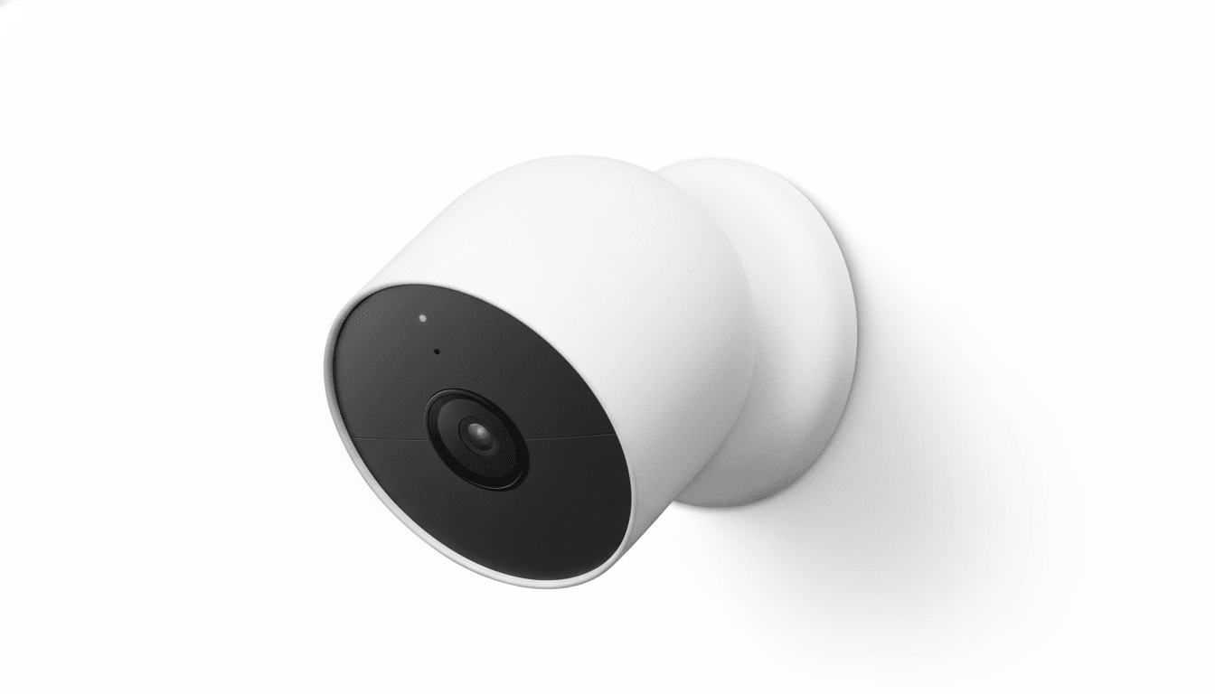 A white security camera with a black lens and a small green indicator light, mounted on a white wall.