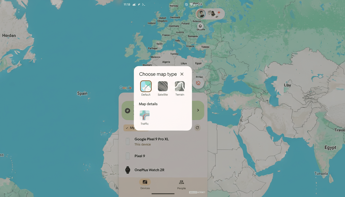 A screenshot of a mobile phone displaying Google Maps with a Choose map type pop-up menu open. The map shows Europe and parts of Africa. The pop-up offers Default, Satellite, and Terrain map types, along with Traffic details. Below the map, there are options for Google Pixel 9 Pro XL, Pixel 9, and OnePlus Watch 2R.