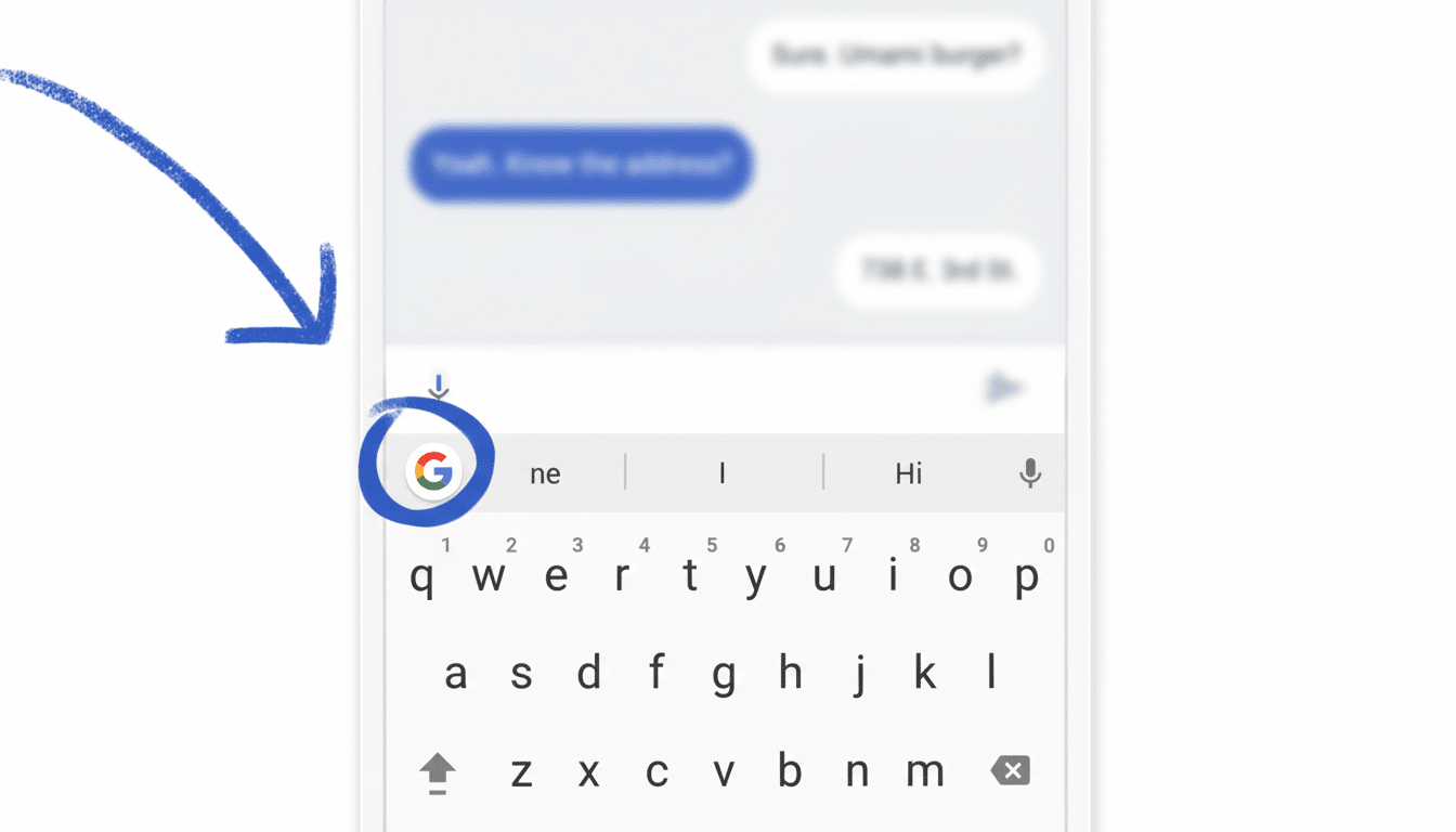 A screenshot of a mobile phone keyboard with a Google logo button circled, and a blue arrow pointing to it.