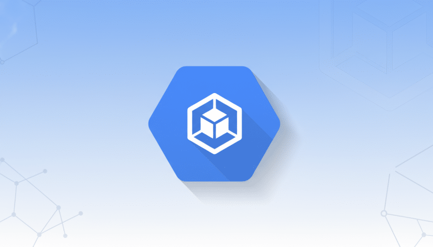A blue hexagonal icon with a white cube design in the center, presented on a professional light blue gradient background with subtle geometric patterns.