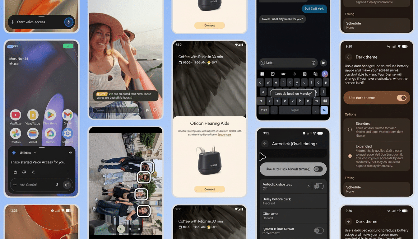 A collage of various smartphone screens displaying different app interfaces and settings, including a home screen, a video call, a keyboard, accessibility settings, and dark theme options.