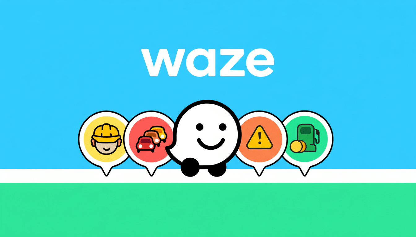 The Waze logo and character with five speech bubble icons representing different features like construction, traffic, alerts, and gas prices, set against a blue and green background.