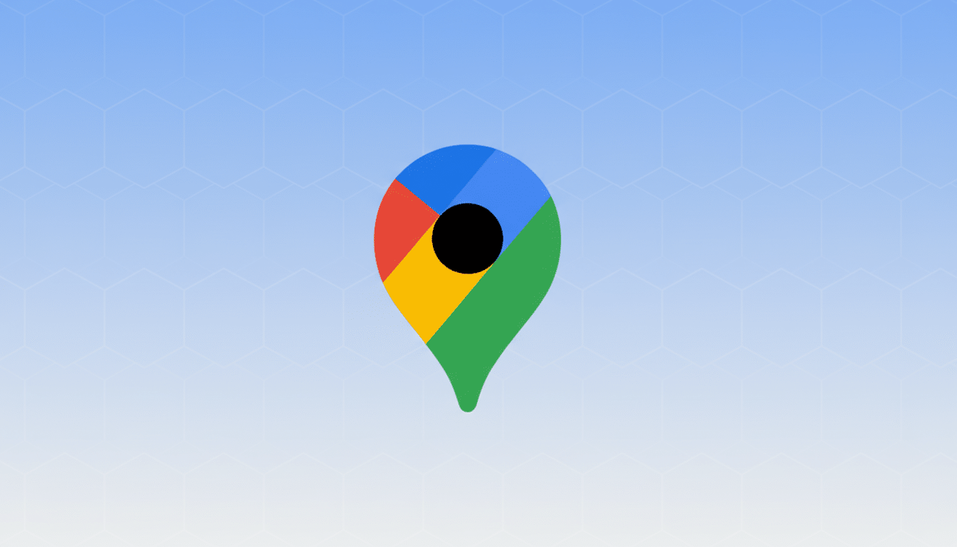A 16:9 aspect ratio image featuring the Google Maps pin icon centered on a light blue background with a subtle hexagonal pattern.