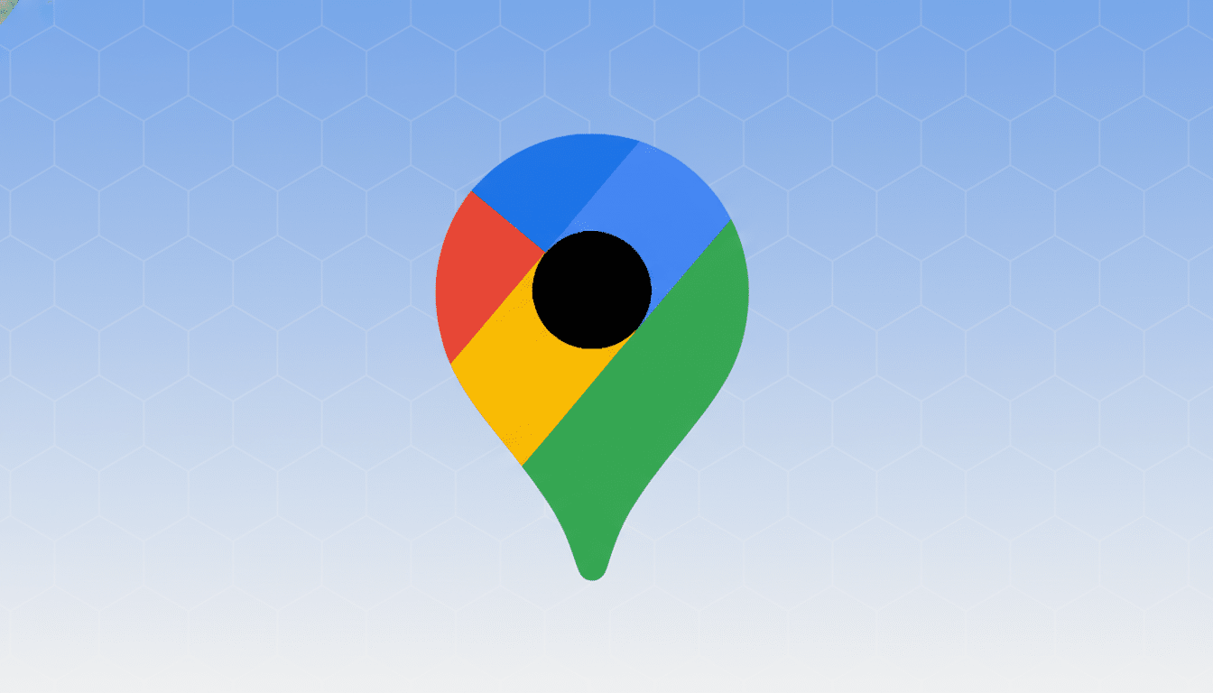 A 16:9 aspect ratio image of the Google Maps pin icon, featuring a blue, red, yellow, and green design with a black center, set against a light blue background with a subtle hexagonal pattern.