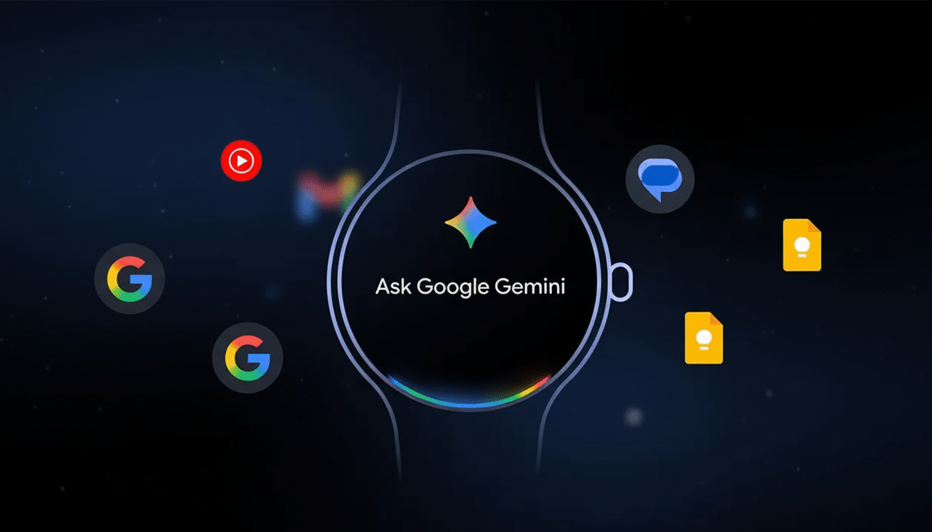 A Google Pixel Watch displaying Ask Google Gemini with various Google app icons surrounding it on a dark background.