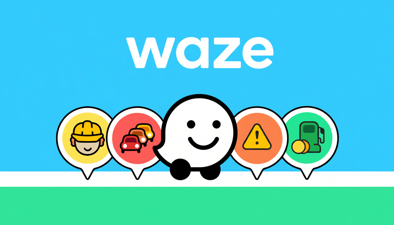 The Waze logo and app icons are displayed on a blue and green background, resized to a 16:9 aspect ratio.