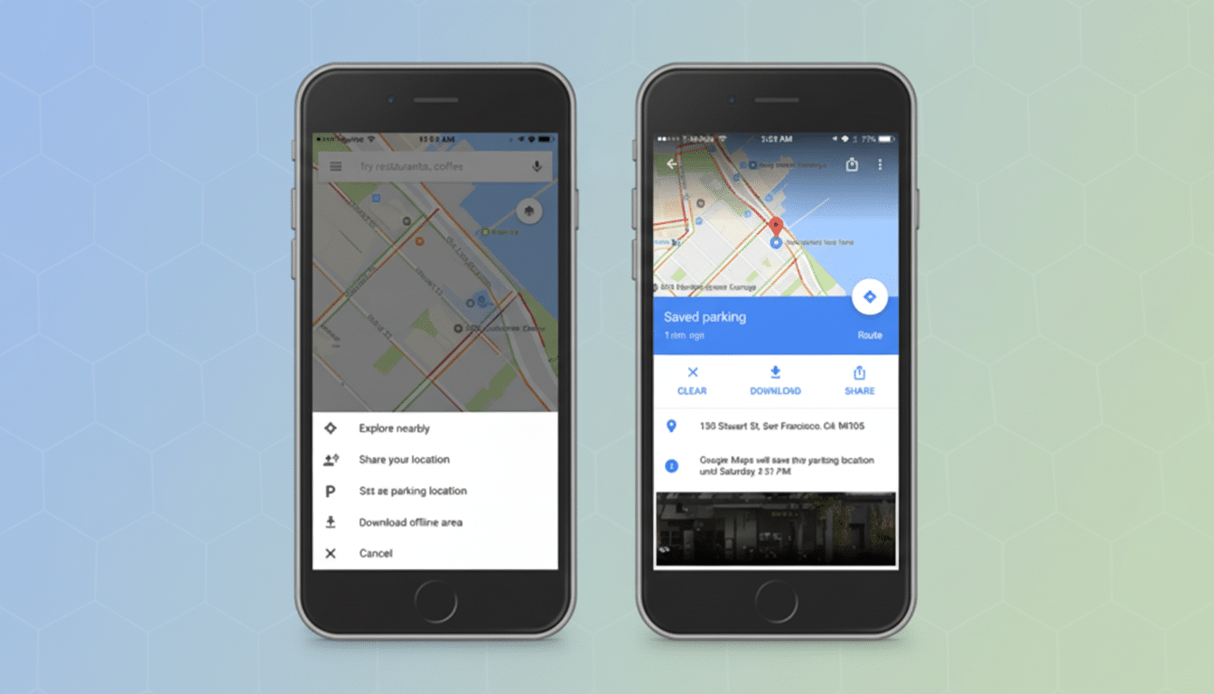 Two iPhones displaying Google Maps, one showing location options and the other showing saved parking information, set against a professional flat design background with soft patterns.